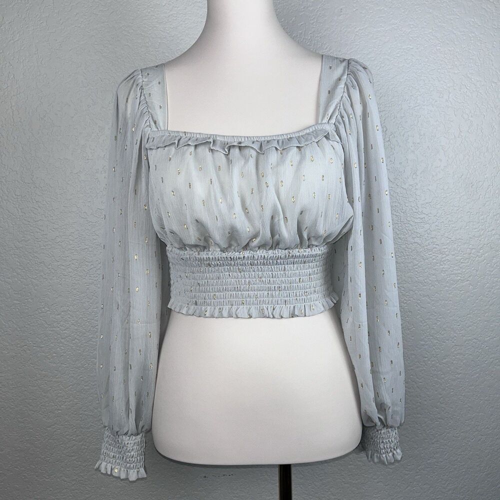 By The River Womens Gray Sheer Squared Neck Gold Speckle Crop Smocking Top small